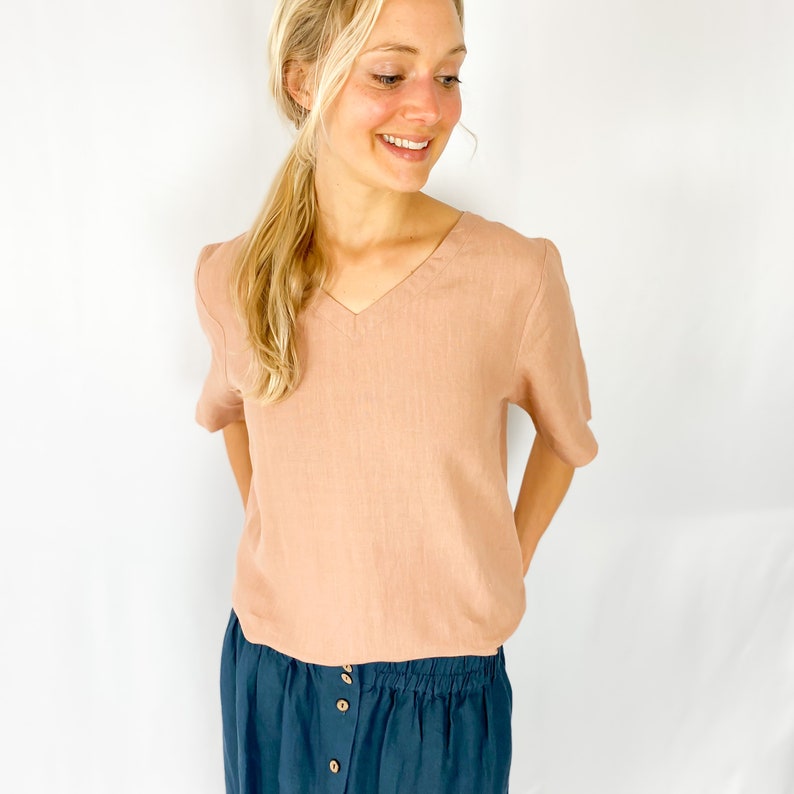 Linen Top With Sleeves in V Neck QUEENS / Washed Linen Loose | Etsy