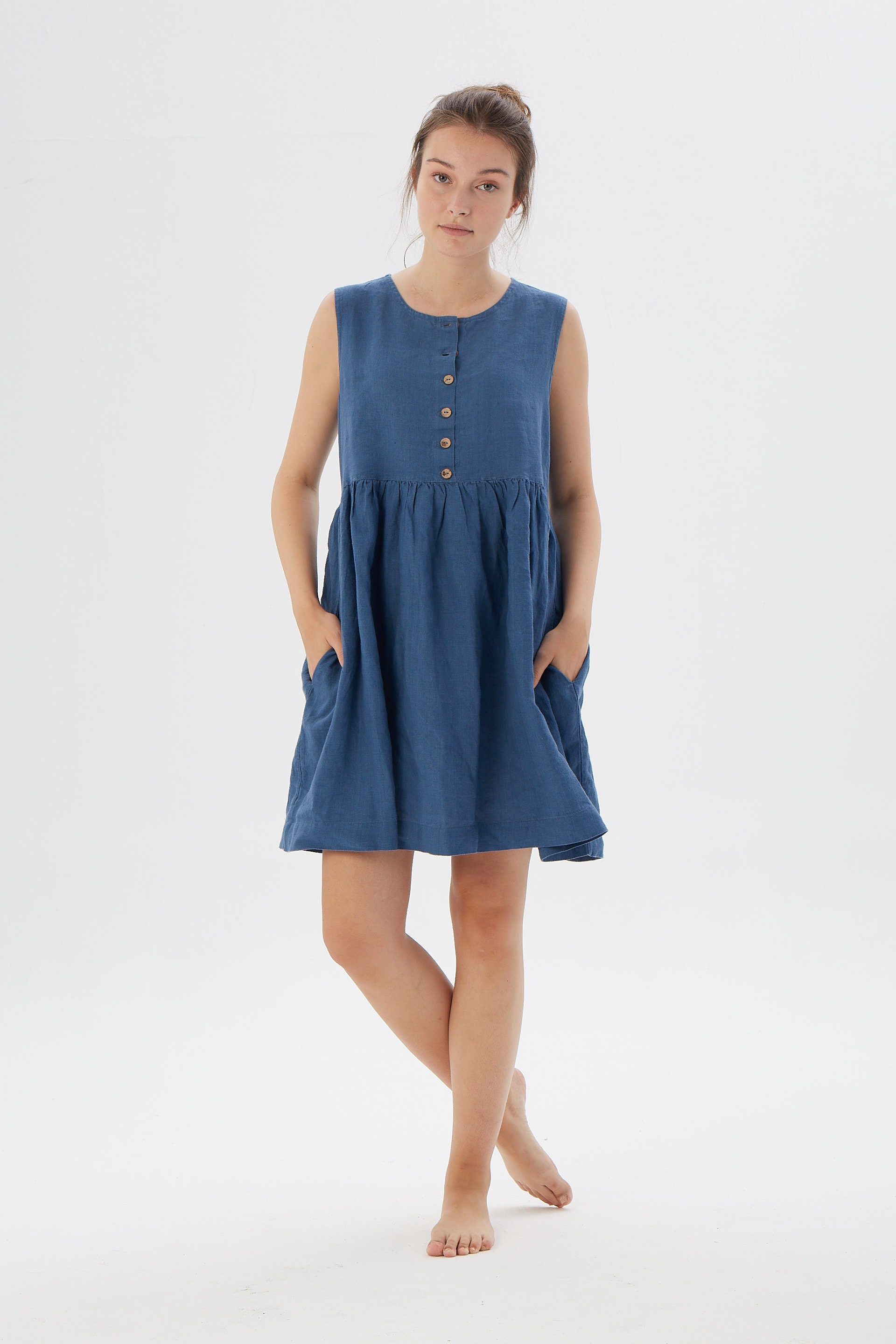 Linen loose sleeveless dress with hidden side pockets, MALIBU / Washed