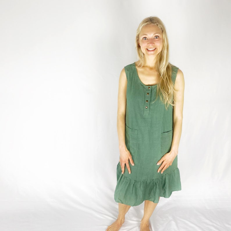 SeaGreen Linen Dress with Front Snap Closure, OAKLAND Mothers Day Gift image 3