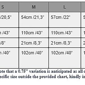 May include: Size chart for a garment with measurements in inches and centimetres for bust, length, armhole, and width of open skirt. The sizes are S, M, L, XL, and XXL.