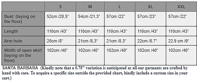 May include: Size chart for a garment with measurements in inches and centimetres for bust, length, armhole, and width of open skirt. The sizes are S, M, L, XL, and XXL.