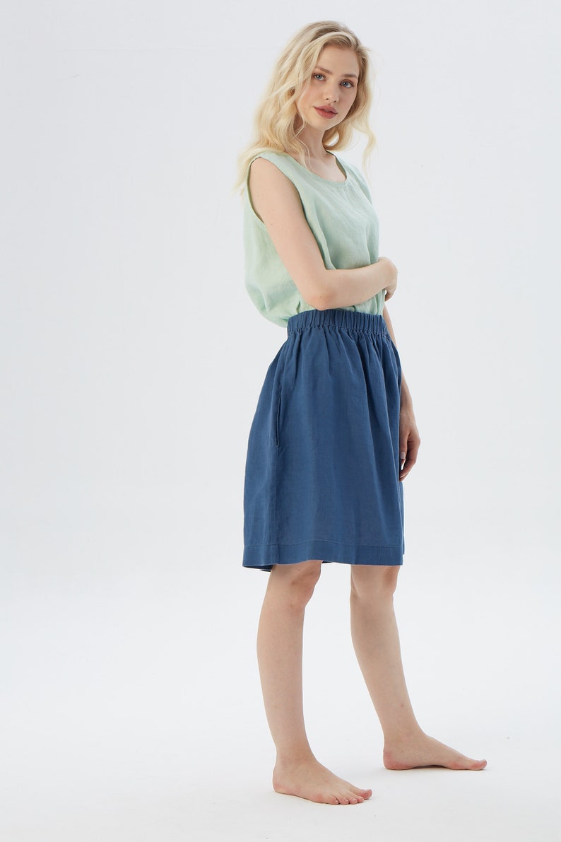 Jeans Blue Linen Mini Skirt Skirt with Hidden Pocket, LA JOLLA Customizable Length & Colors image 3