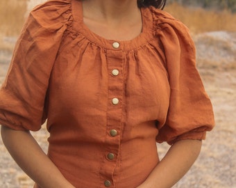 Puff Sleeve Dress with snaps, Linen Long Dress with back tie, GILROY,  Mothers Day