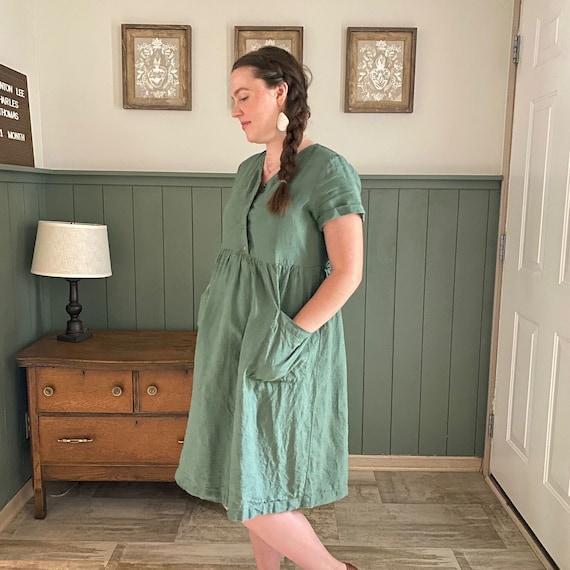 Linen Dress with Short Sleeves, MARIN, Nursing Dress with Snaps, Linen Women Clothing, Linen Midi Dress, dress_64, Mothers Day Gift