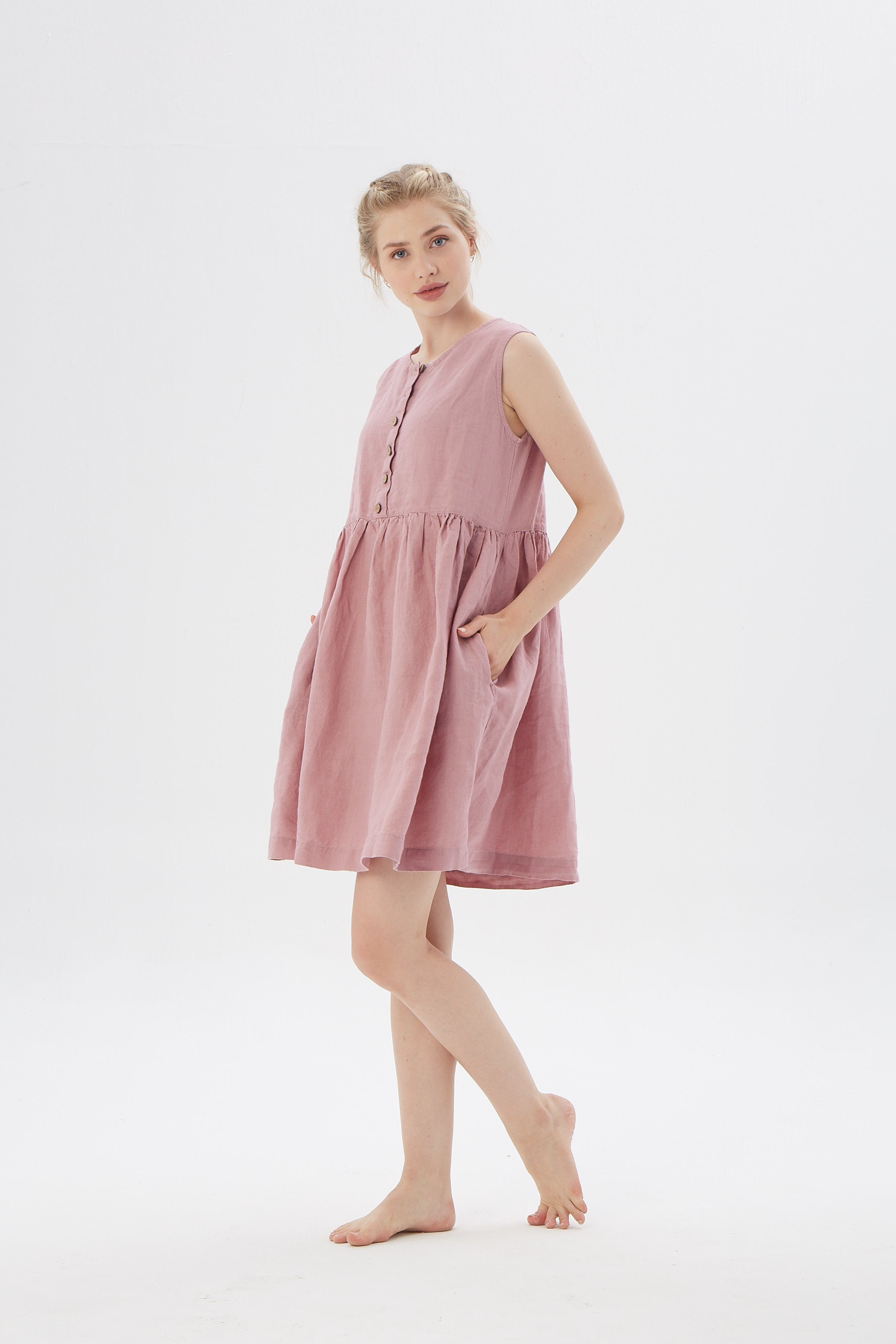 Linen loose sleeveless dress with hidden side pockets MALIBU / Washed