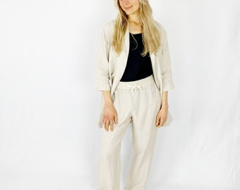 Basic women's linen pants with elastic waist and pockets, high waist linen women's trousers, Long pants, Tapered Linen Pants with pockets