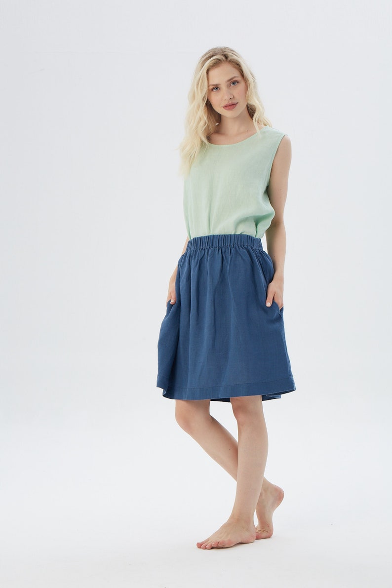 Jeans Blue Linen Mini Skirt Skirt with Hidden Pocket, LA JOLLA Customizable Length & Colors image 1