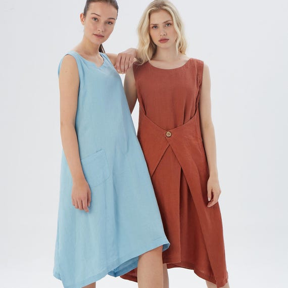 Linen dress with front pockets, SANTA BARBARA /  Linen dress with wooden button / Minimal Dress available in different colors / Gift for mom