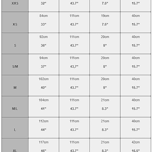 May include: A garment measurement chart with size details. Measurements include bust (32" to 49"), length from shoulder to hem (43.7"), arm hole (7.5" to 8.3"), and length from shoulder to waist (15.7" to 17"). Sizes range from XXS to XXL.