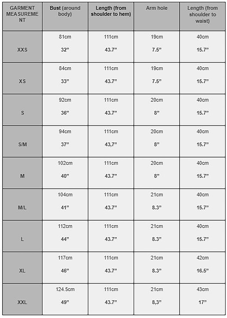 May include: A garment measurement chart with size details. Measurements include bust (32" to 49"), length from shoulder to hem (43.7"), arm hole (7.5" to 8.3"), and length from shoulder to waist (15.7" to 17"). Sizes range from XXS to XXL.