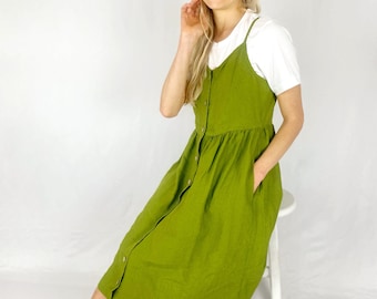 Robe en lin à boutons et fines bretelles, TRUCKEE / Robe en lin lavé et doux avec boutons en bois / Cadeau pour la fête des mères
