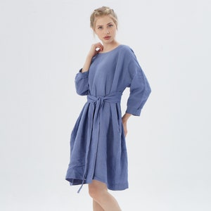 Long Sleeve Linen Dress with Drop Shoulder, Over-sized Loose Dress with belt, SANTA MONICA LS / Mothers Day Gift