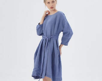 Long Sleeve Linen Dress with Drop Shoulder, Over-sized Loose Dress with belt, SANTA MONICA LS / Mothers Day Gift