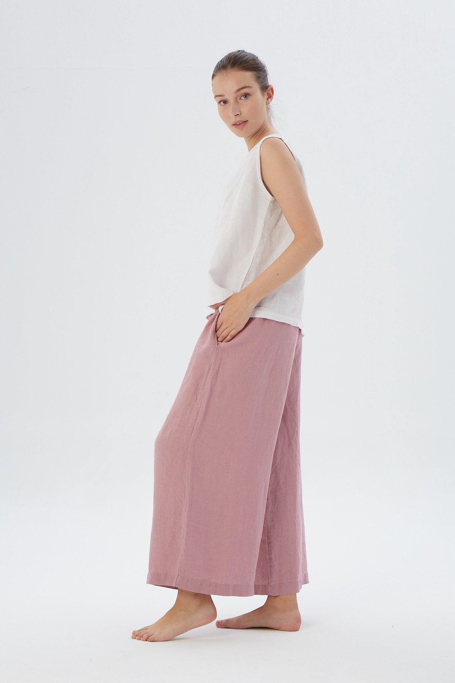 Linen Side Button Wide Leg Pants