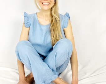 Linen PANTS and linen TOP, linen clothing , pajama set , pyjama set women, linen sleepwear, ruffle pant, linen pajamas, Mothers Day Gift