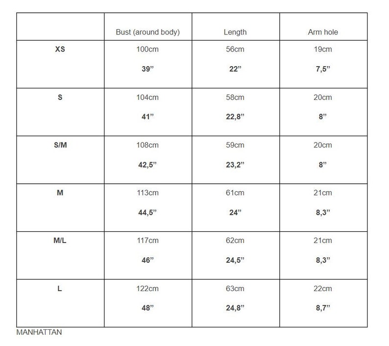 May include: Size chart for clothing with measurements in inches and centimeters. The chart shows bust, length, and arm hole measurements for sizes XS, S, S/M, M, M/L, and L.