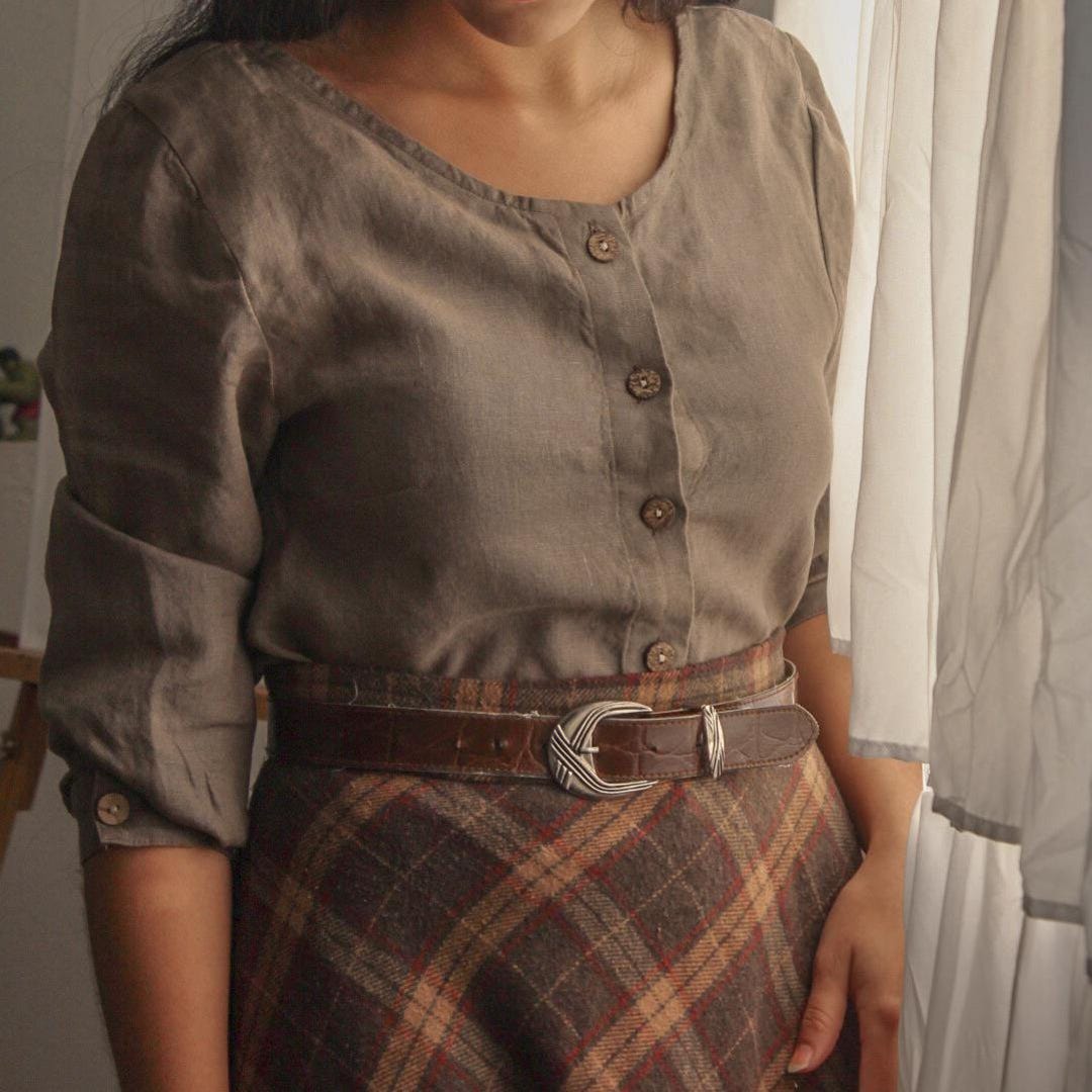 Red Loose Linen Shirts O-Neck Button Down Fall