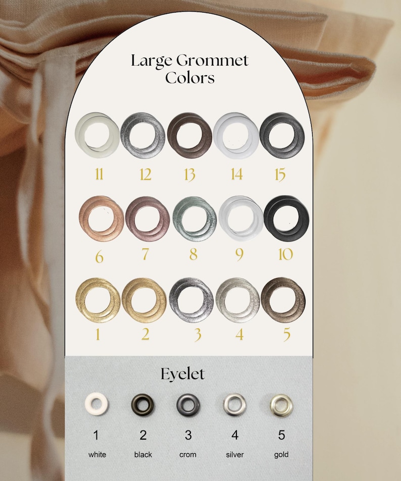 a collection of large ornamental rings in various colors, including white, black, silver, and gold, along with their corresponding eyelets.