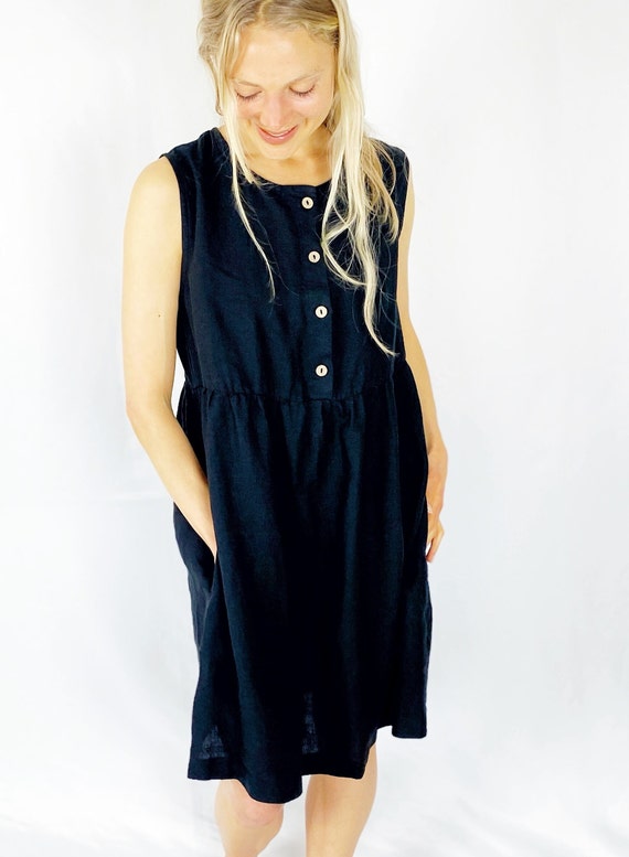 Versatile Black Sleeveless Dress With Hidden Pockets Linen Etsy