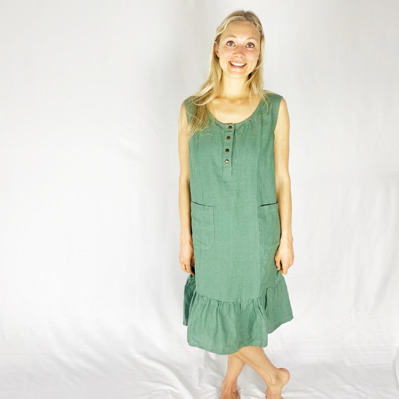 SeaGreen Linen Dress with Front Snap Closure, OAKLAND Mothers Day Gift image 5