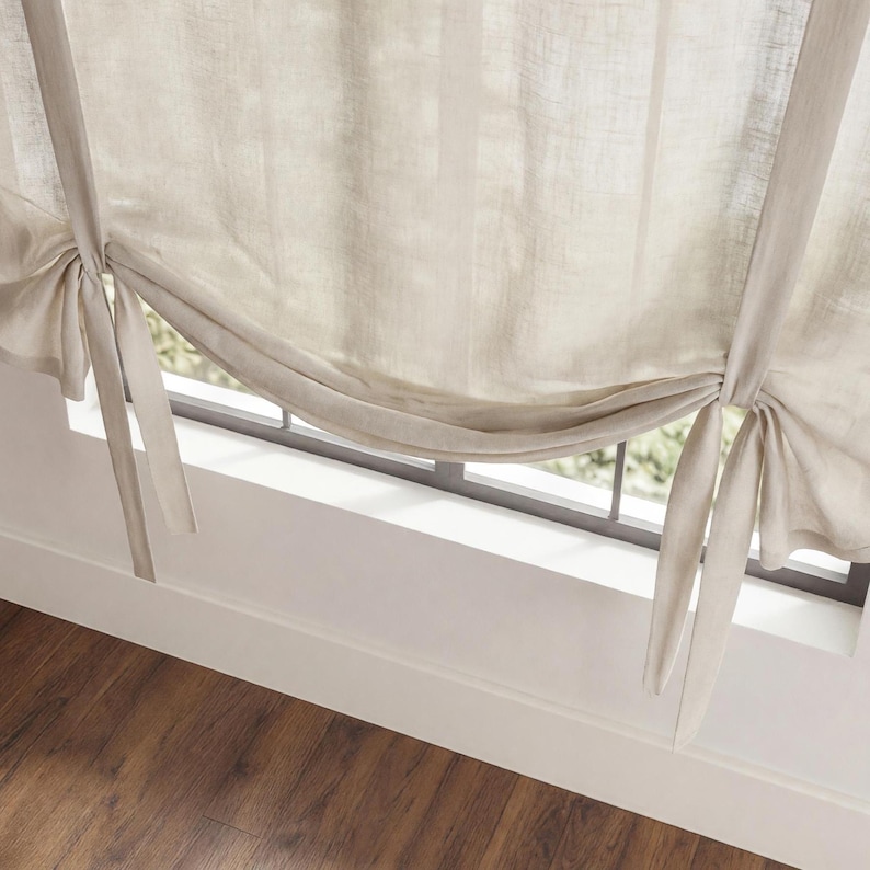 Adjustable European Linen Tie-Up Curtain, Natural Drapes, Kitchen Valance, home_1029 image 3