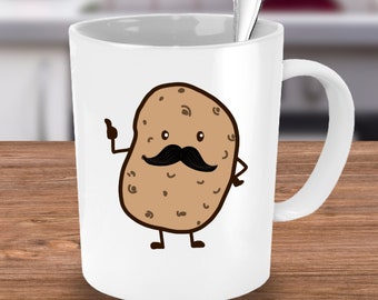 Funny Novelty Mug - Mustache Potato Coffee Cup - Couch Potato - Fathers Day Gift - Birthday Present