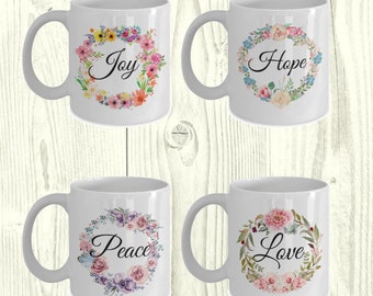 Inspirational Mugs - Set Of Four - Peace Joy Love Hope Floral Coffee Tea Cups - Housewarming - New Home Gift