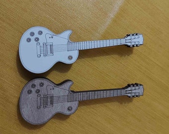 May include: Two wooden electric guitars, one with a white finish and the other with a brown finish. Both guitars have a black outline and are in a line.