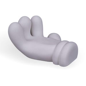May include: A light gray, stylized hand-shaped chair. The chair has three fingers and a thumb, with a rounded wrist area. The design is smooth and modern, suitable for a playful or contemporary interior.