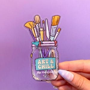 Pegatina transparente "Art and Chill" / Pegatina de artista / Regalos para amantes del arte / Accesorio de artista / Calcomanía de pinceles / Netflix and Chill imagen 2