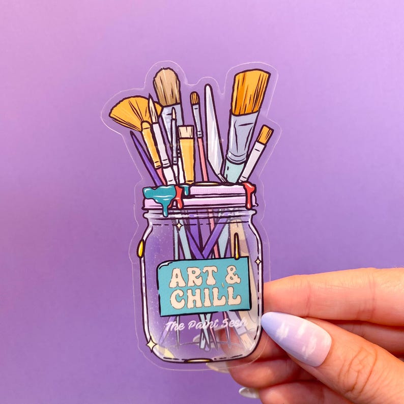 Pegatina transparente "Art and Chill" / Pegatina de artista / Regalos para amantes del arte / Accesorio de artista / Calcomanía de pinceles / Netflix and Chill imagen 2