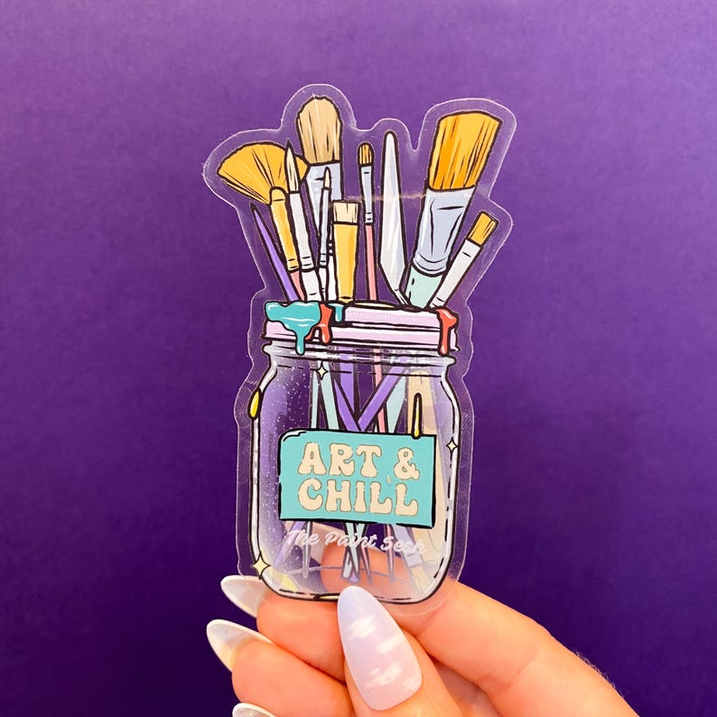 Pegatina transparente "Art and Chill" / Pegatina de artista / Regalos para amantes del arte / Accesorio de artista / Calcomanía de pinceles / Netflix and Chill imagen 4