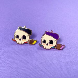 Artist Skull Enamel Pin | Artist Gift Ideas | Beret Painter Pin| Artist Accessories | Gifts for Art Lovers | Spooky Kawaii Pin