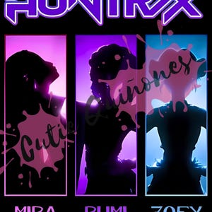 May include: A graphic design with the word "HUNTRX" in purple, above three silhouettes of people. Each silhouette is set against a different colored background: pink, purple, and blue. The names "MIRA", "RUMI", and "ZOEY" are written below each silhouette.