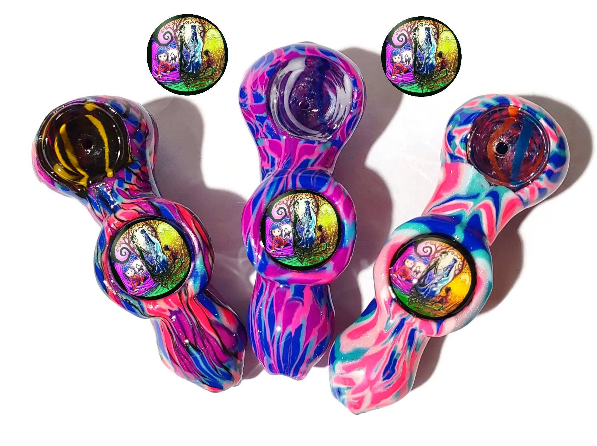 Custom Tim Burton Fan Art Glass smoking pipe, Girly pipes, Glass Smoking Bowl, clay Pipe, Glow in the dark pipe, Coraline, Corpse Bride!!!