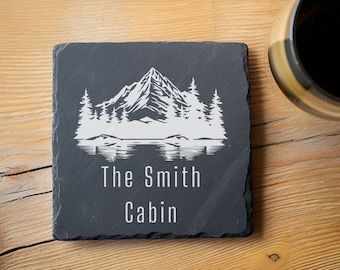 Rustic Cabin Coasters Set of 4, Family Cabin Slate Coasters, Personalized Stone Coasters, Custom Printed Coasters, Custom Cabin Coasters