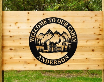 Cabin MOUNTAIN SCENE Monogram | Custom Metal Name Sign | Outdoor Decor | Cabin Address Sign | Metal Wall Art | Personalized Gift