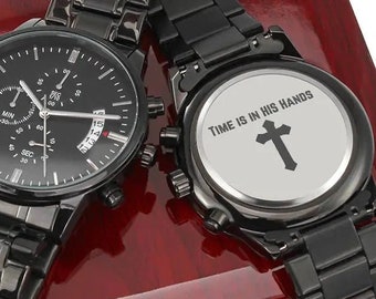 Time Is In HIS Hands" Christian Themed Chronograph Watch Christian Gifts for Men Engraved Watch for Men Engraved Bible Verse Custom