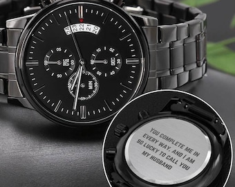 You Complete Me Engraved Black Chronograph Watch for Men | Engraved Watch Men, Engraved Mens Watch, Personalized Watch