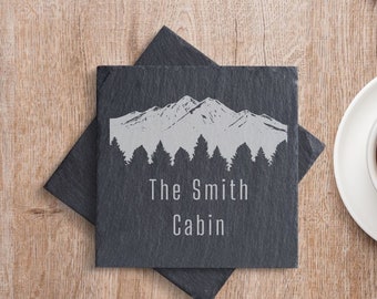 Family Cabin Slate Coasters, Rustic Cabin Coasters Set of 4, Personalized Stone Coasters, Custom Printed Coasters, Custom Cabin Coasters