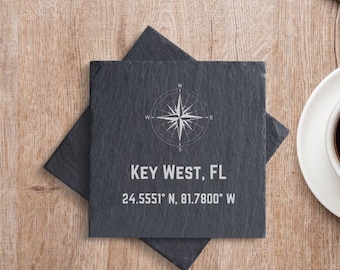 Custom Compass Coaster, Custom Coaster, Coordinate Coasters, Custom Location Gift, Slate Coasters, Moving Gift, Vacation Home Location