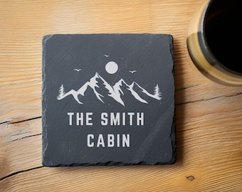 Rustic Cabin Coasters Set of 4, Family Cabin Slate Coasters, Personalized Stone Coasters, Custom Printed Coasters, Custom Cabin Coasters