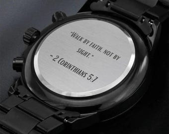 Black Chronograph Watch - "Walk by Faith, Not by Sight" - 2 Corinthians 5:7 - Inspirational Timepiece