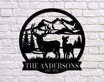 Personalized Deer Metal Cabin Sign Outdoor Hunter Hunting Head Antlers Customized Family Name Door Hanger Custom Last Name Monogram