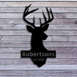 Deer head sign, deer antler decor, deer hunter gift, deer camp sign, christmas gift for him, deer name metal sign, fathers day gift