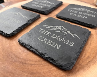Rustic Cabin Coasters Set of 4, Family Cabin Slate Coasters, Personalized Stone Coasters, Custom Printed Coasters, Custom Cabin Coasters