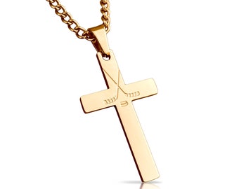 14K Gold Plated Hockey Cross Pendant With Chain Necklace - Stainless Steel