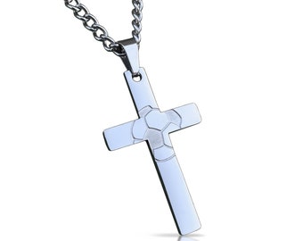 Colgante de cruz de fútbol con cadena - Acero inoxidable - Grabado disponible