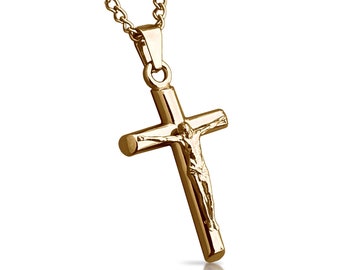 14K Gold Plated Crucifix Pendant With Chain Necklace - Stainless Steel