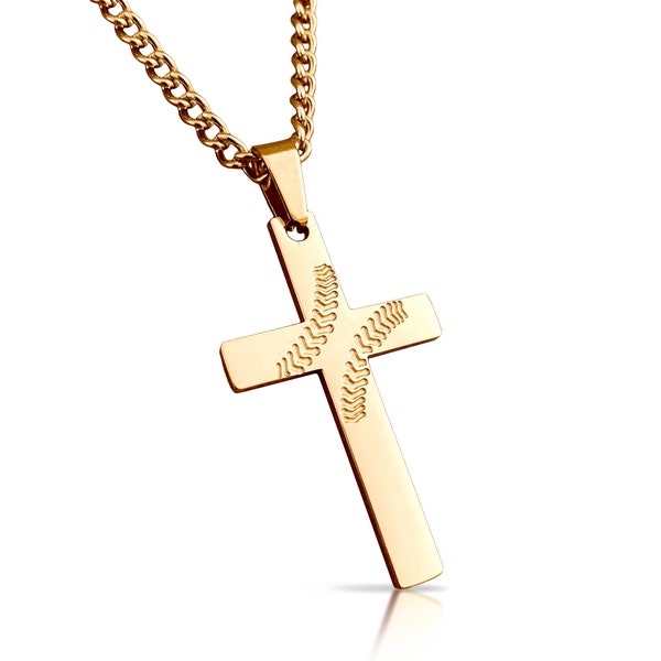 14K Gold Plated Baseball Cross Pendant With Chain Necklace - Stainless Steel - Engraving Available